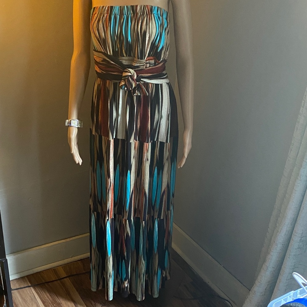 Strapless Tie-Waist Printed Maxi Dress - Teal, Brown, Cream